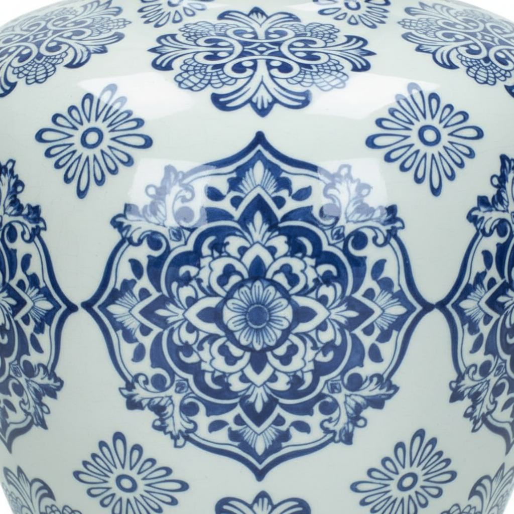 Lowlands Design flower vase blue white ceramic delftsblauw with intricate floral patterns