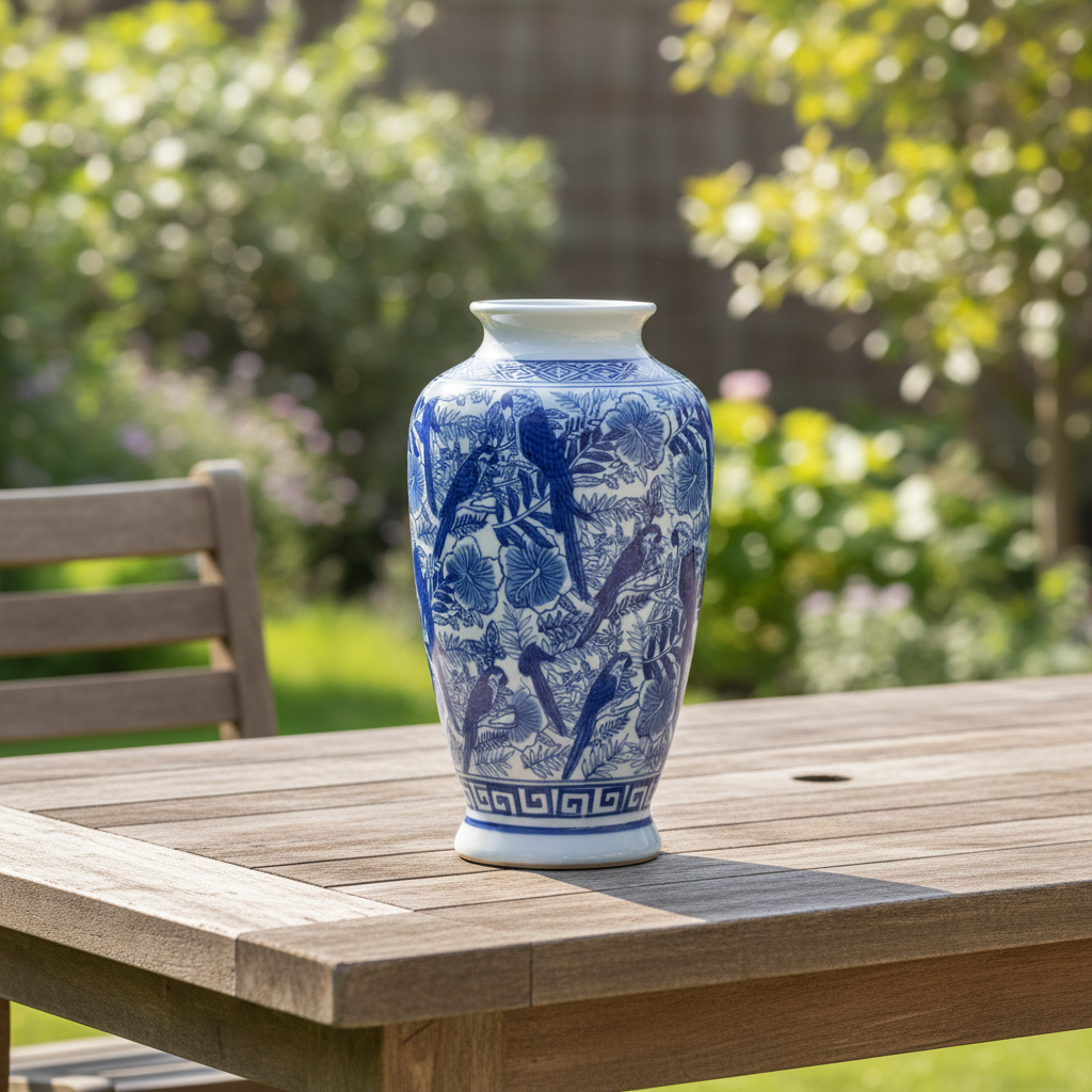 Lowlands Design flower vase porcelain blue white, 30cm tall, featuring delicate patterns and a glossy finish