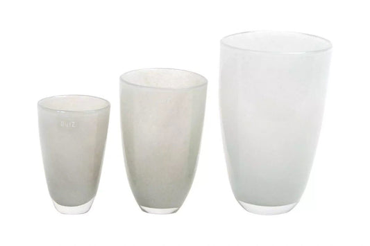 Set of three frosted glass flowervase vases by Lowlands Design in varying sizes for decorative display