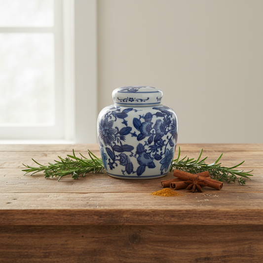 Lowlands Design ginger jar kitchen porcelain blue white, 15cm, decorated with floral patterns