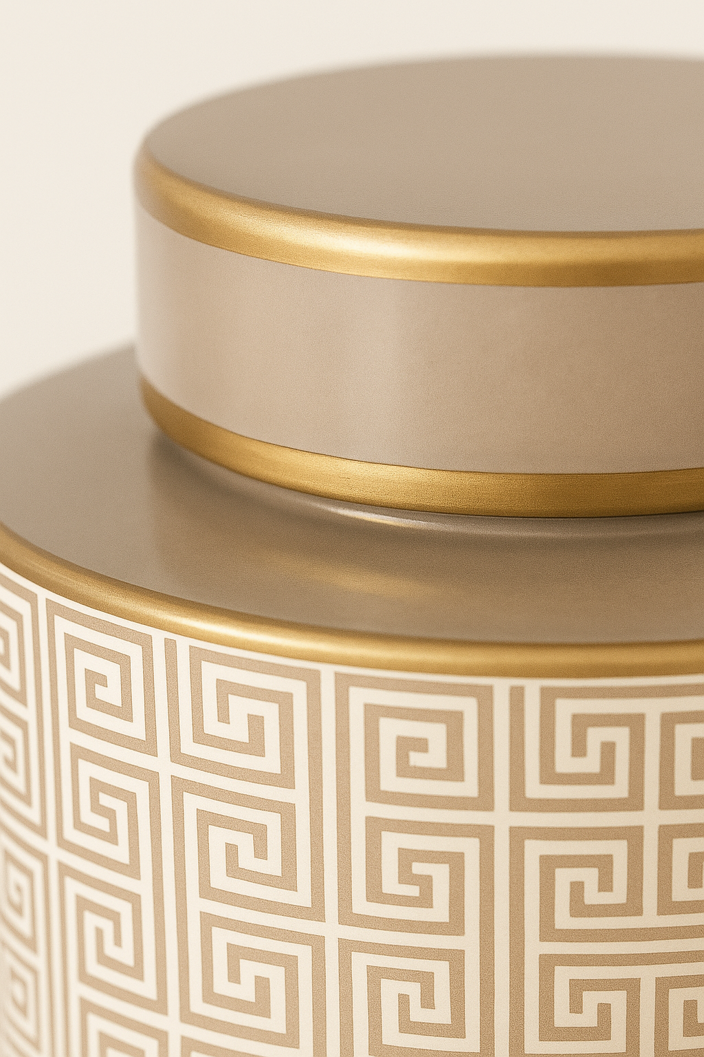 Elegant Ginger Jar Pot Beige Gold Porcelain with Geometric Pattern and Glossy Finish