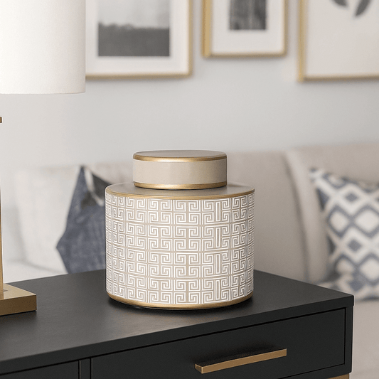 Lowlands Design Ginger Jar Pot Beige Gold Porcelain with geometric patterns on a stylish tabletop