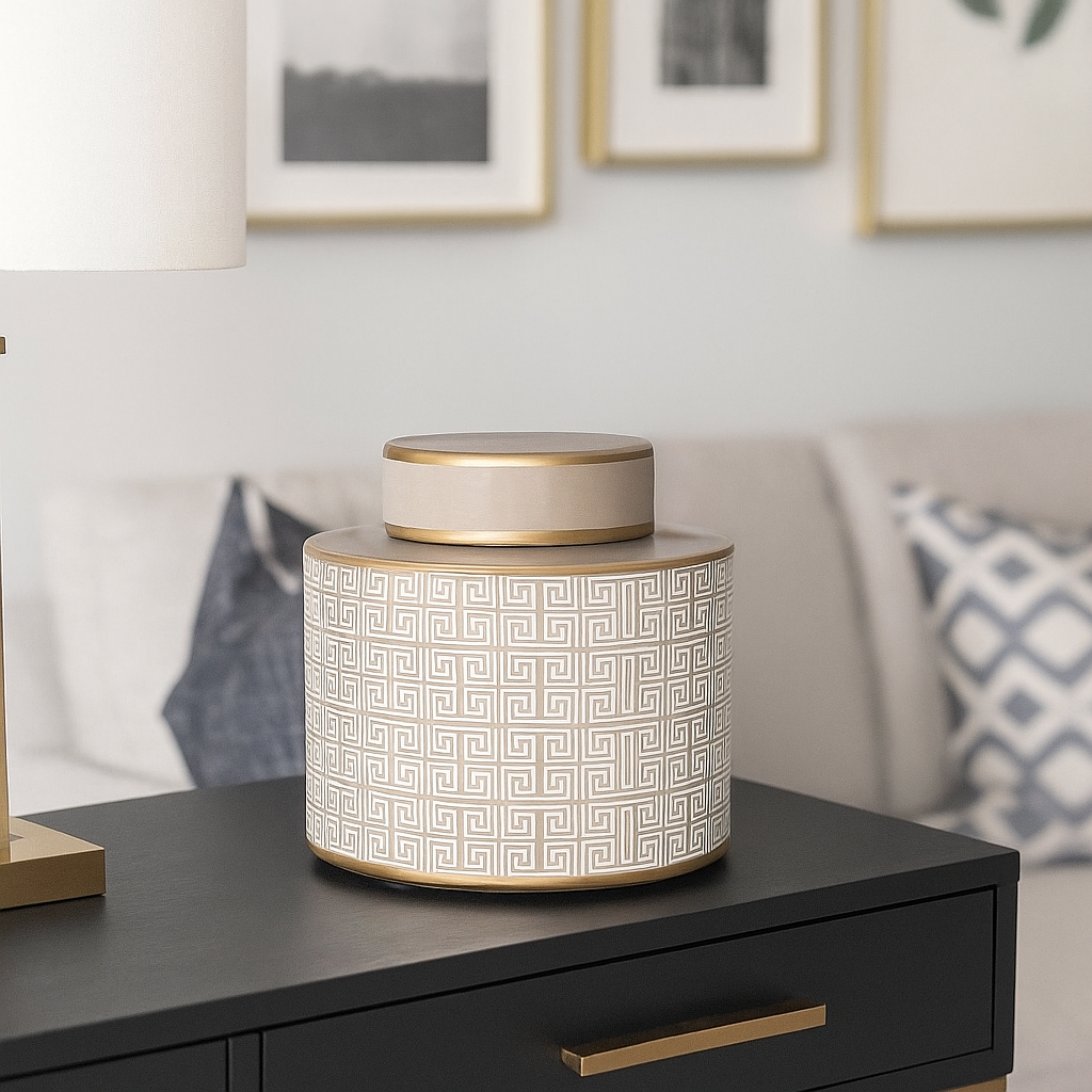 Lowlands Design Ginger Jar Pot Beige Gold Porcelain with geometric patterns on a stylish tabletop