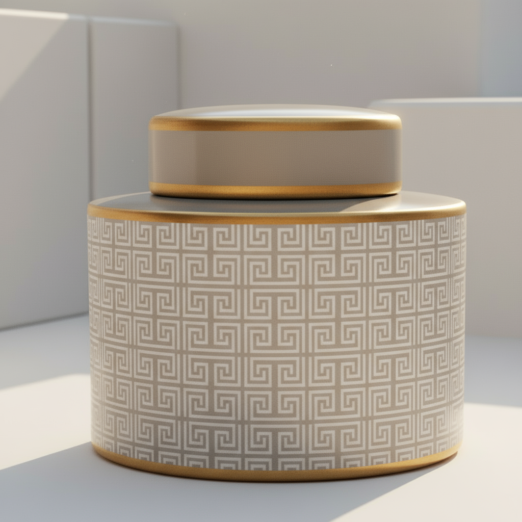 Beige Gold Porcelain Ginger Jar Pot from Lowlands Design featuring a geometric pattern
