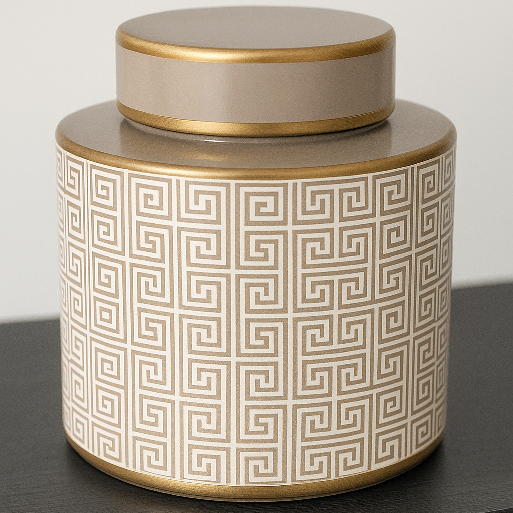 Beige and gold porcelain Ginger Jar Pot with intricate geometric pattern from Lowlands Design
