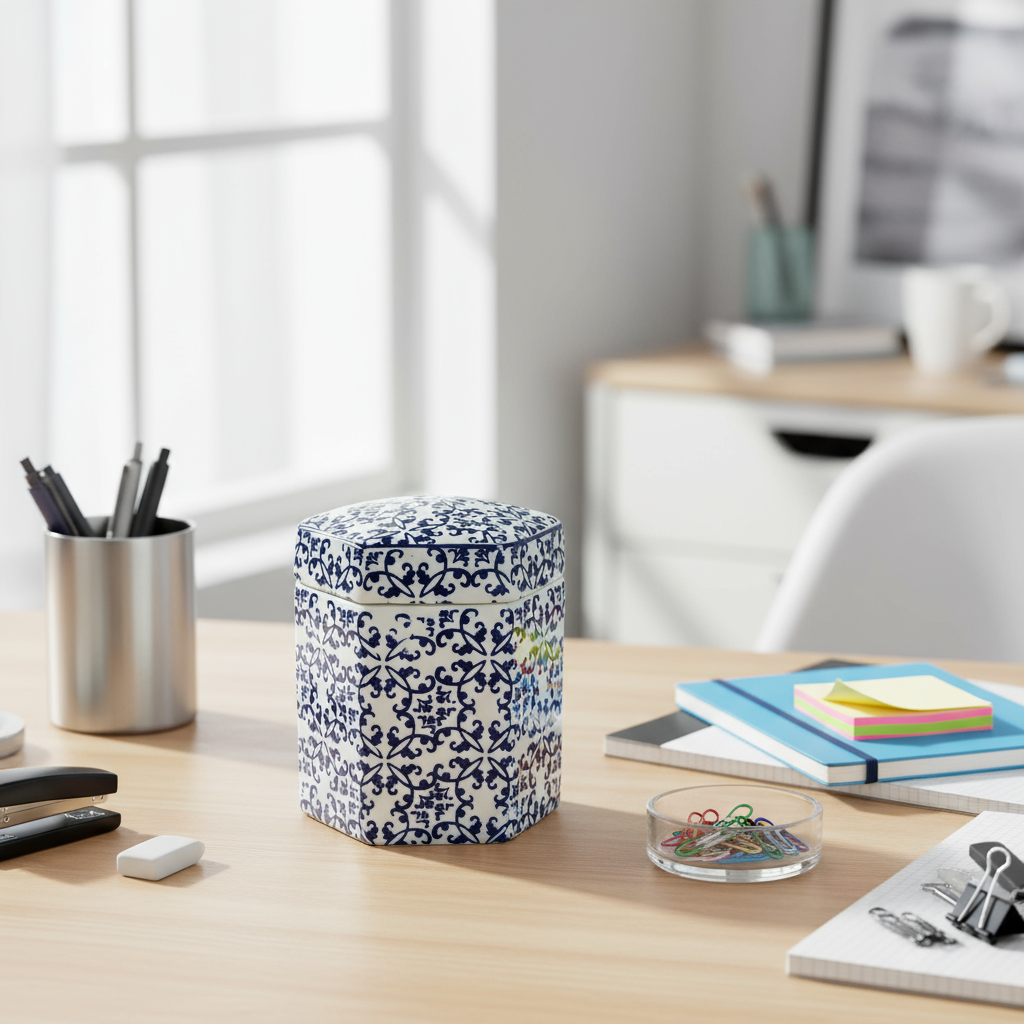 Lowlands Design Ginger Jar Pot Blue White Blue Porcelain on a modern desk with stationery