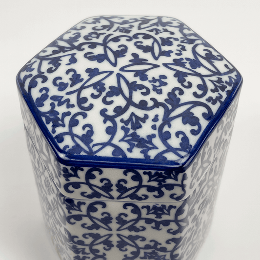 Hexagonal Blue White Blue Porcelain Ginger Jar Pot with Intricate Floral Pattern