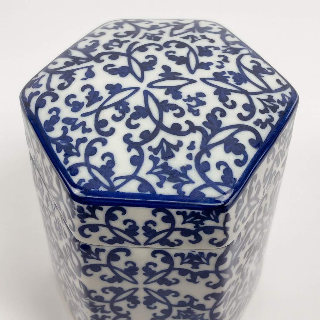 Hexagonal Blue White Blue Porcelain Ginger Jar Pot with Intricate Floral Pattern