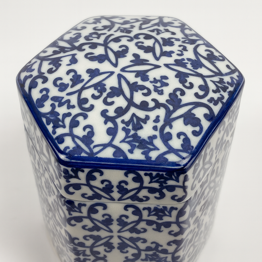 Hexagonal Blue White Blue Porcelain Ginger Jar Pot with Intricate Floral Pattern