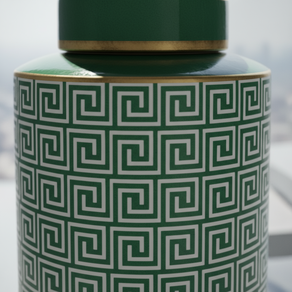 Ginger Jar Pot Green Porcelain ceramic with a geometric pattern and gold detailing