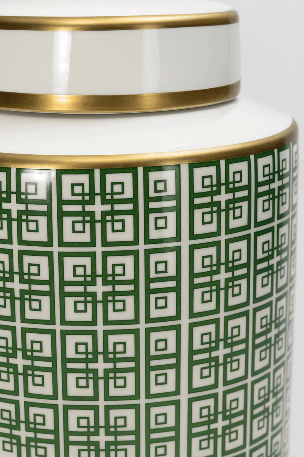 Green Porcelain Ceramic Ginger Jar Pot with Geometric Pattern and Gold Trim by Lowlands Design