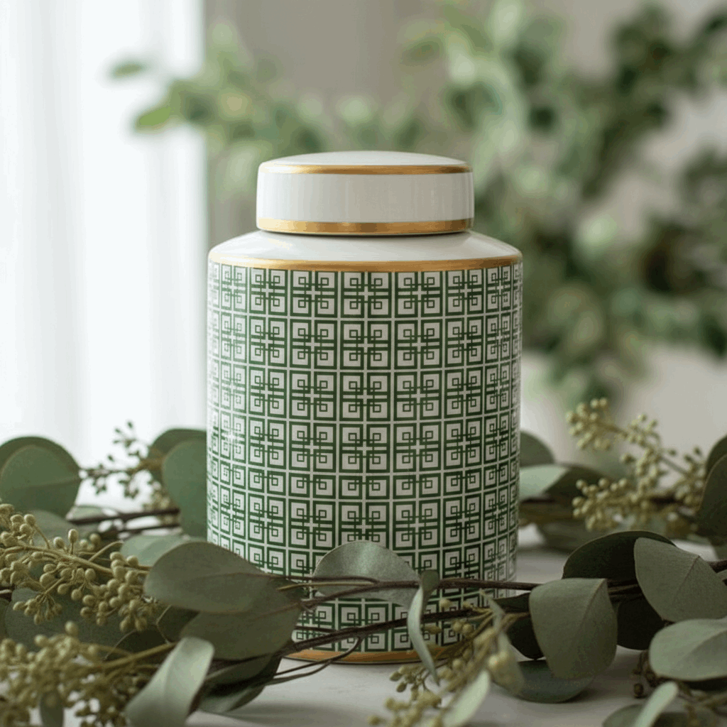 Lowlands Design Ginger Jar Pot Green Porcelain Ceramic with intricate geometric pattern and gold accents
