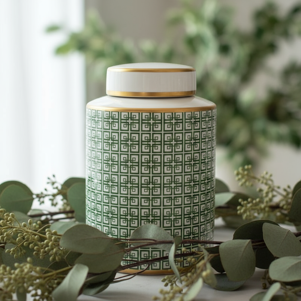 Lowlands Design Ginger Jar Pot Green Porcelain Ceramic with intricate geometric pattern and gold accents