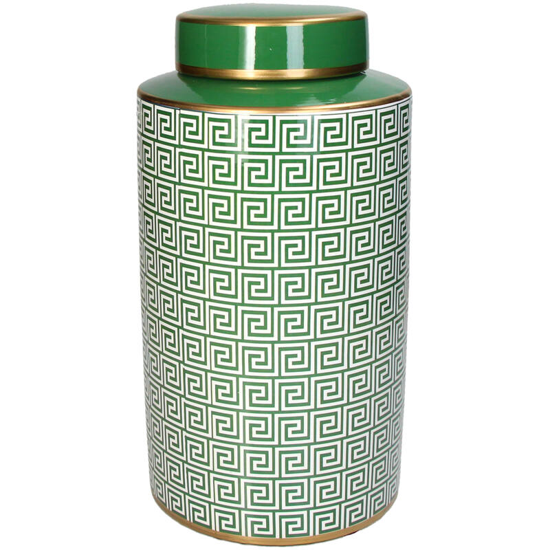 Green Porcelain ceramic Ginger Jar Pot with intricate geometric pattern from Lowlands Design