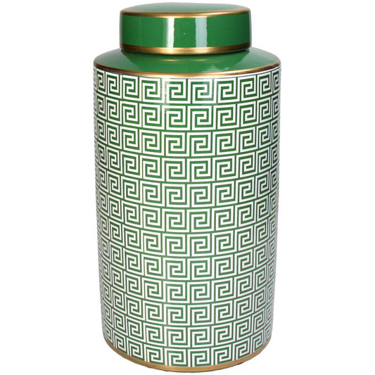 Green Porcelain ceramic Ginger Jar Pot with intricate geometric pattern from Lowlands Design