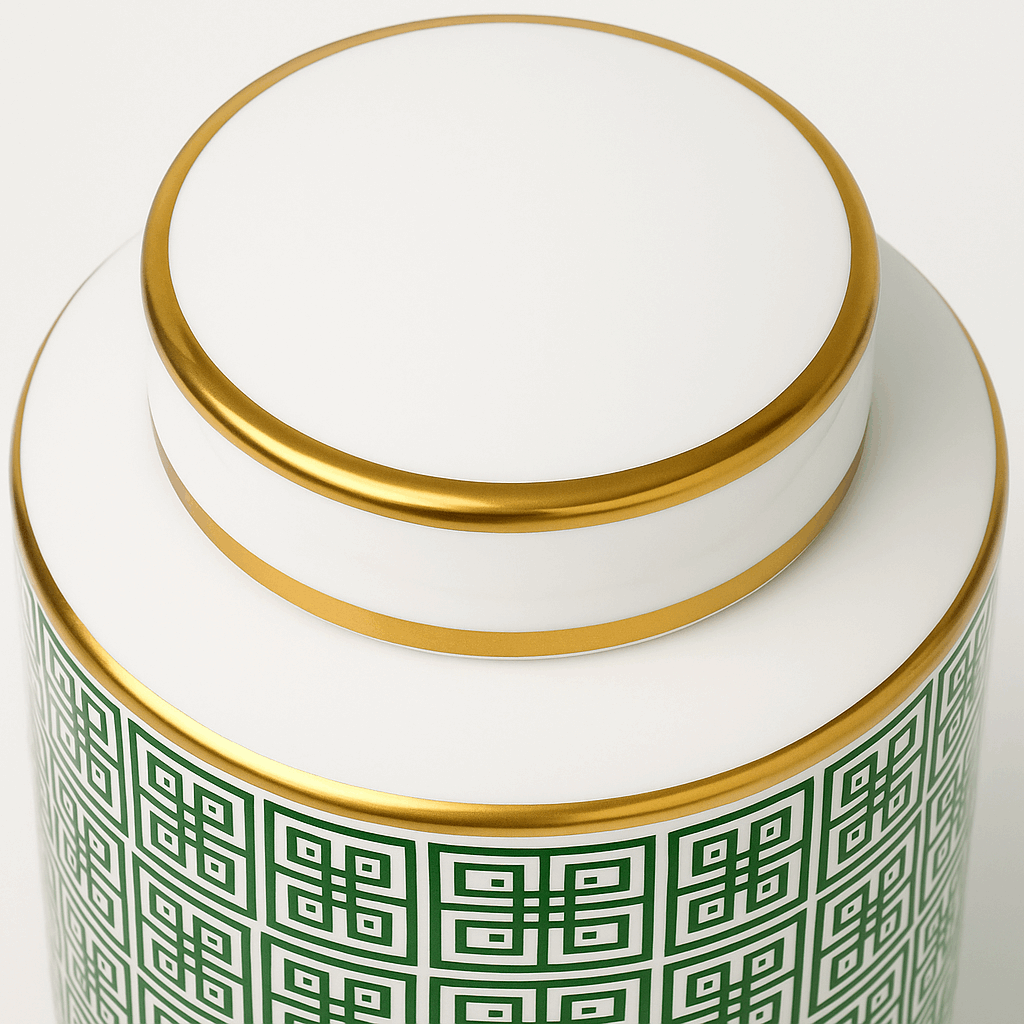 Elegant Ginger Jar Pot Green Porcelain Ceramic with Gold Accents and Intricate Design