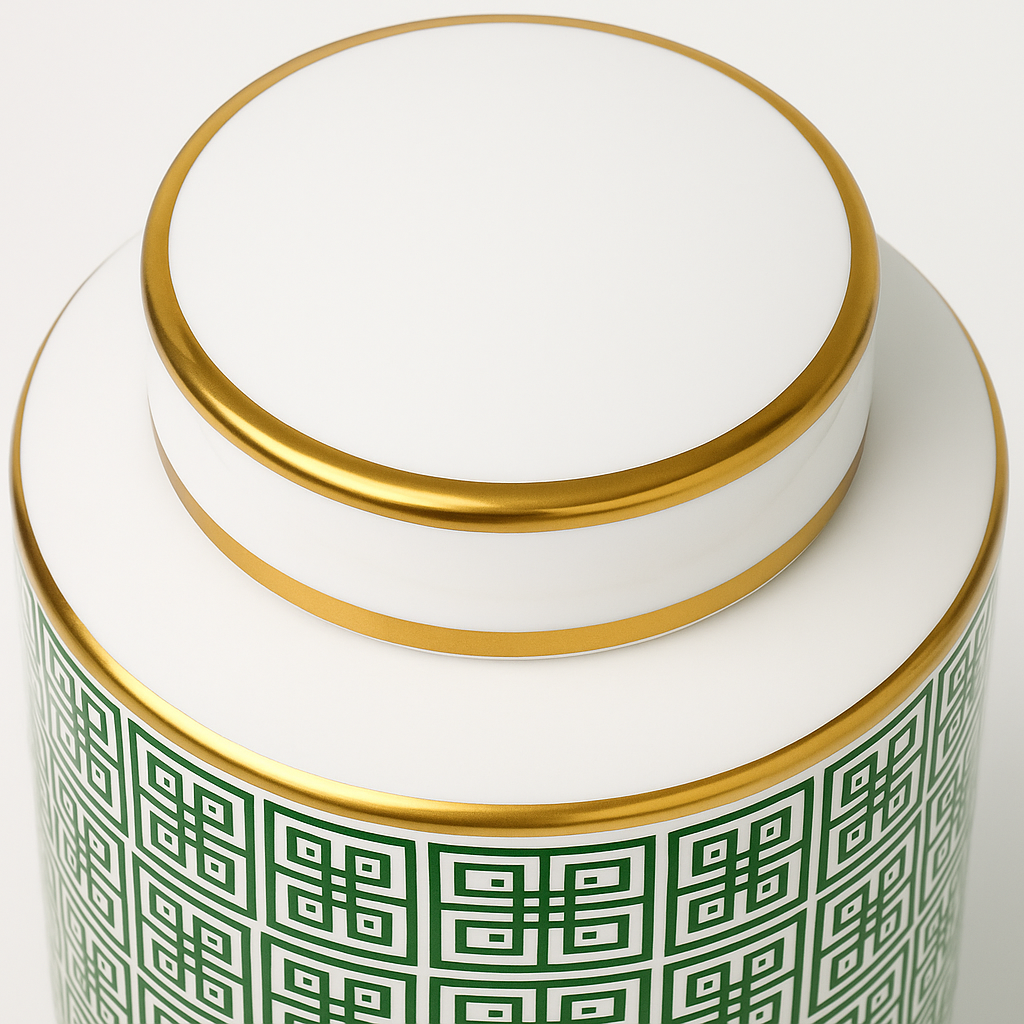 Elegant Ginger Jar Pot Green Porcelain Ceramic with Gold Accents and Intricate Design
