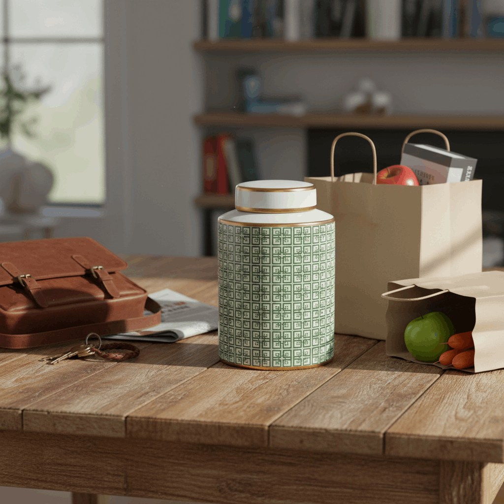 Lowlands Design Ginger Jar Pot Green Porcelain Ceramic displayed on a rustic wooden table with items around
