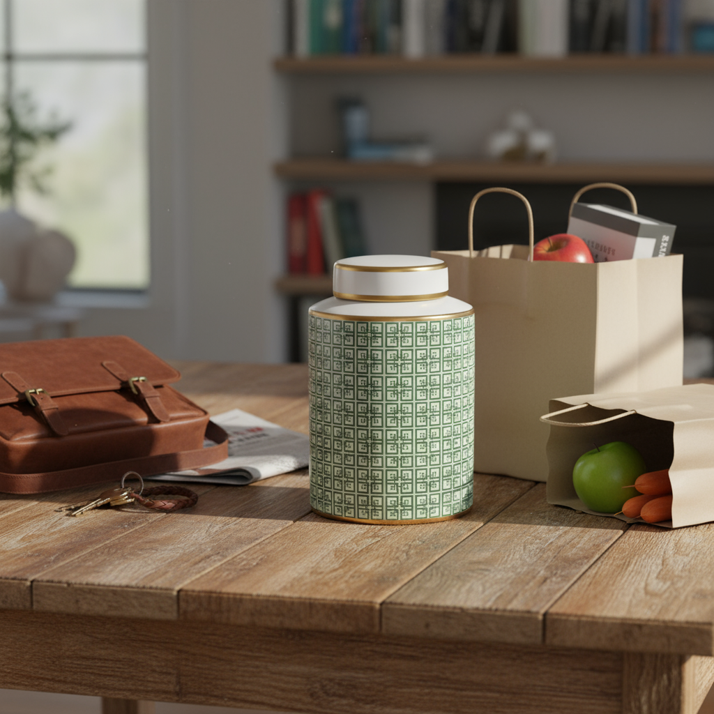 Lowlands Design Ginger Jar Pot Green Porcelain Ceramic displayed on a rustic wooden table with items around
