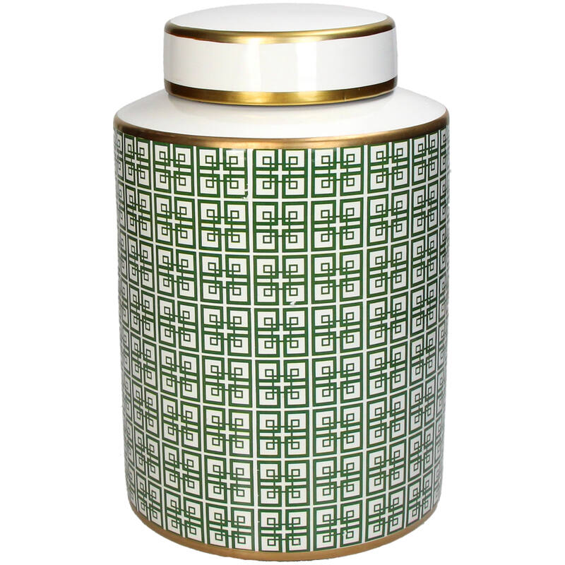 Lowlands Design Ginger Jar Pot Green Porcelain Ceramic with a geometric pattern and gold accents