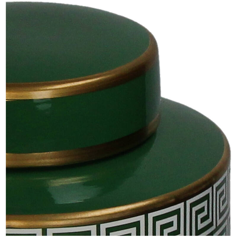 Elegant Ginger Jar Pot Green Porcelain ceramic with Gold Detailing and Geometric Pattern