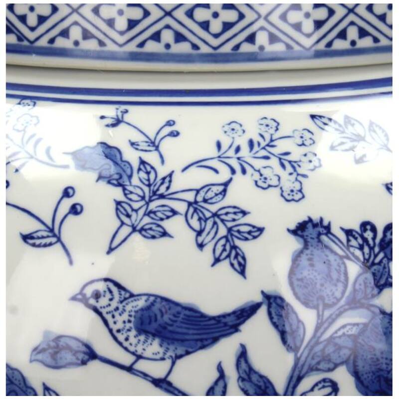 Close-up of Ginger Jar Pot Kapelle White Blue Porcelain featuring intricate floral and bird designs