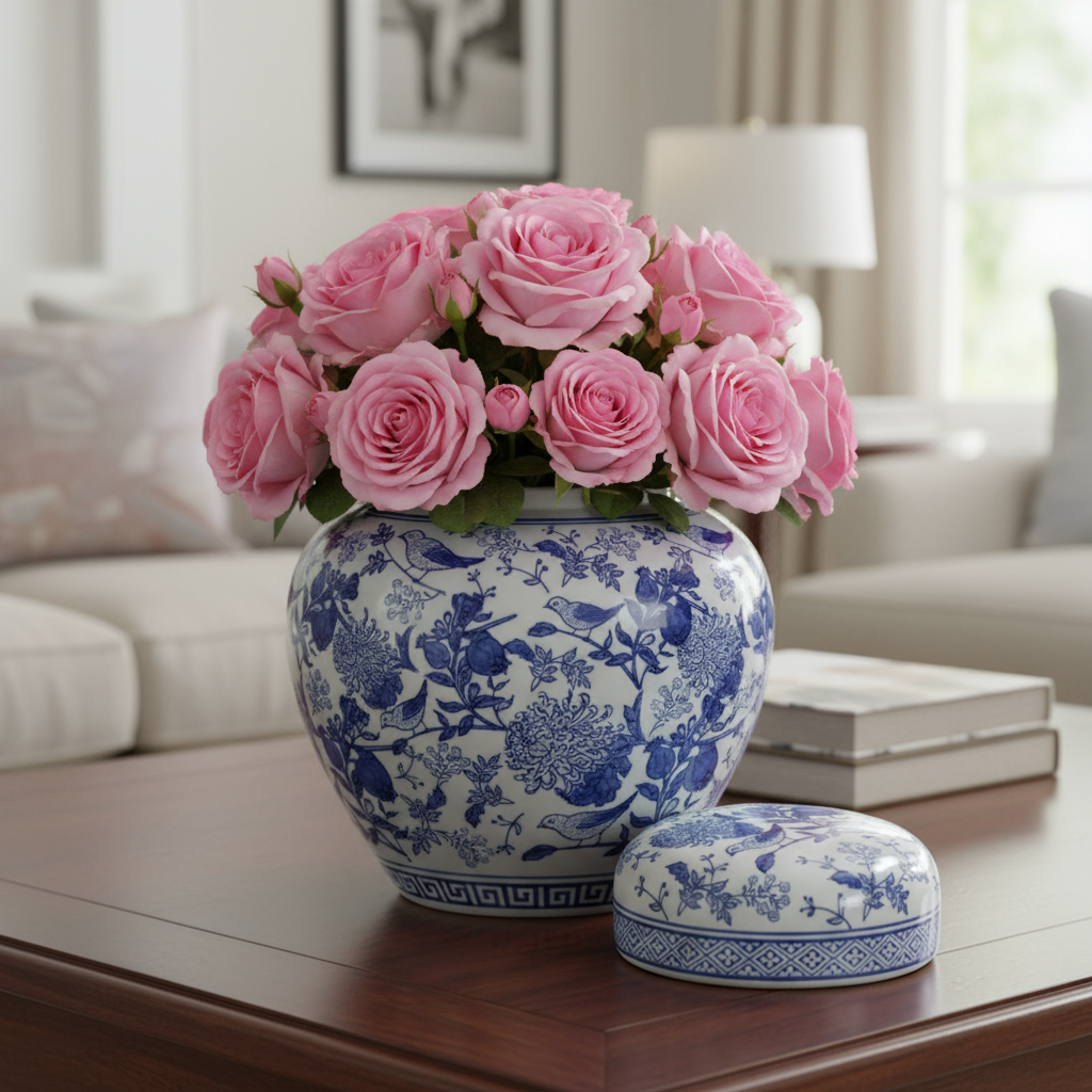 Ginger Jar Pot Kapelle White Blue Porcelain adorned with pink roses on a coffee table