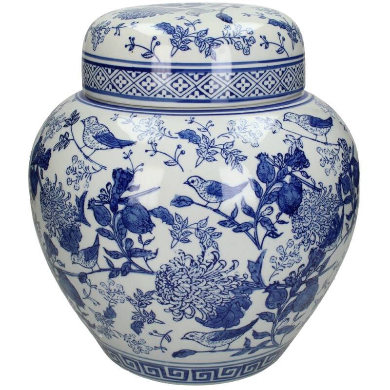 Ginger Jar Pot Kapelle White Blue Porcelain featuring intricate floral and bird designs