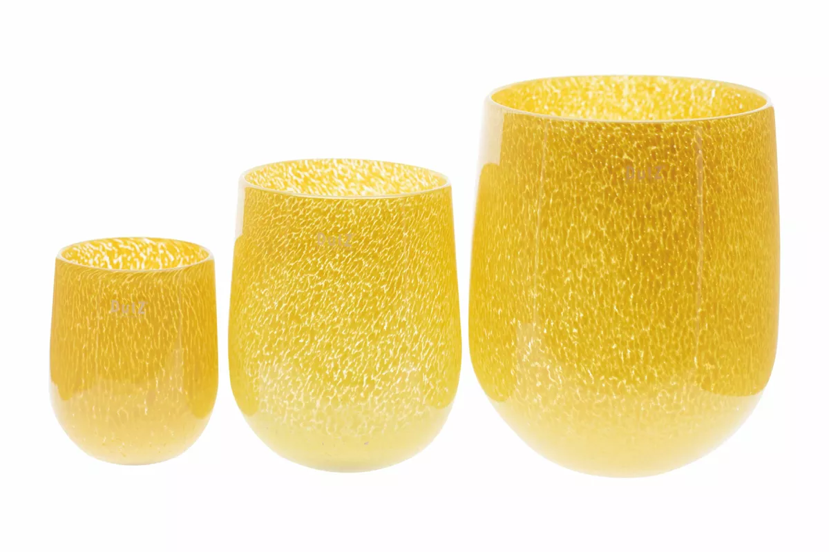 Three vibrant yellow glass BARREL vase candleholders showcasing a textured design for home decor
