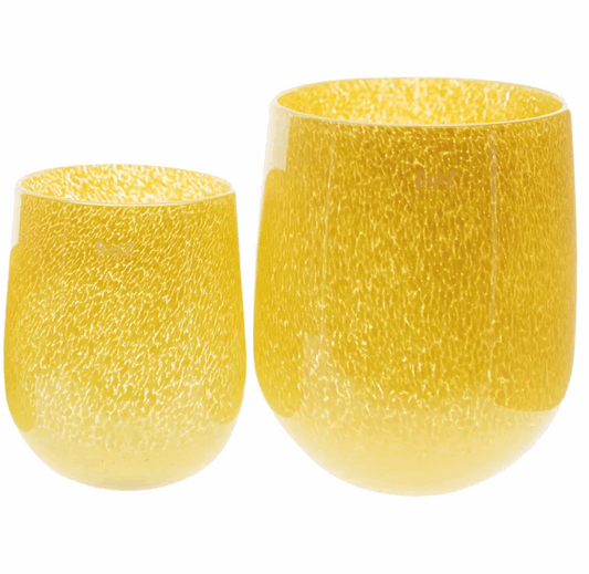 Yellow glass BARREL vase candleholder set in two sizes with a textured finish for stylish home decor