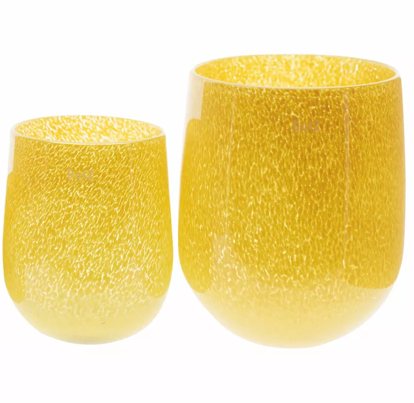 Yellow glass BARREL vase candleholder set in two sizes with a textured finish for stylish home decor