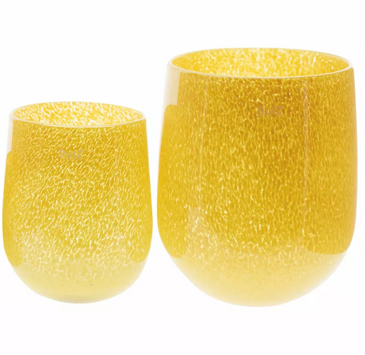 Yellow glass BARREL vase candleholder set in two sizes with a textured finish for stylish home decor