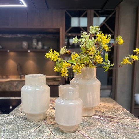 Lowlands Design glass flower vase trio in modern style with yellow flowers arranged