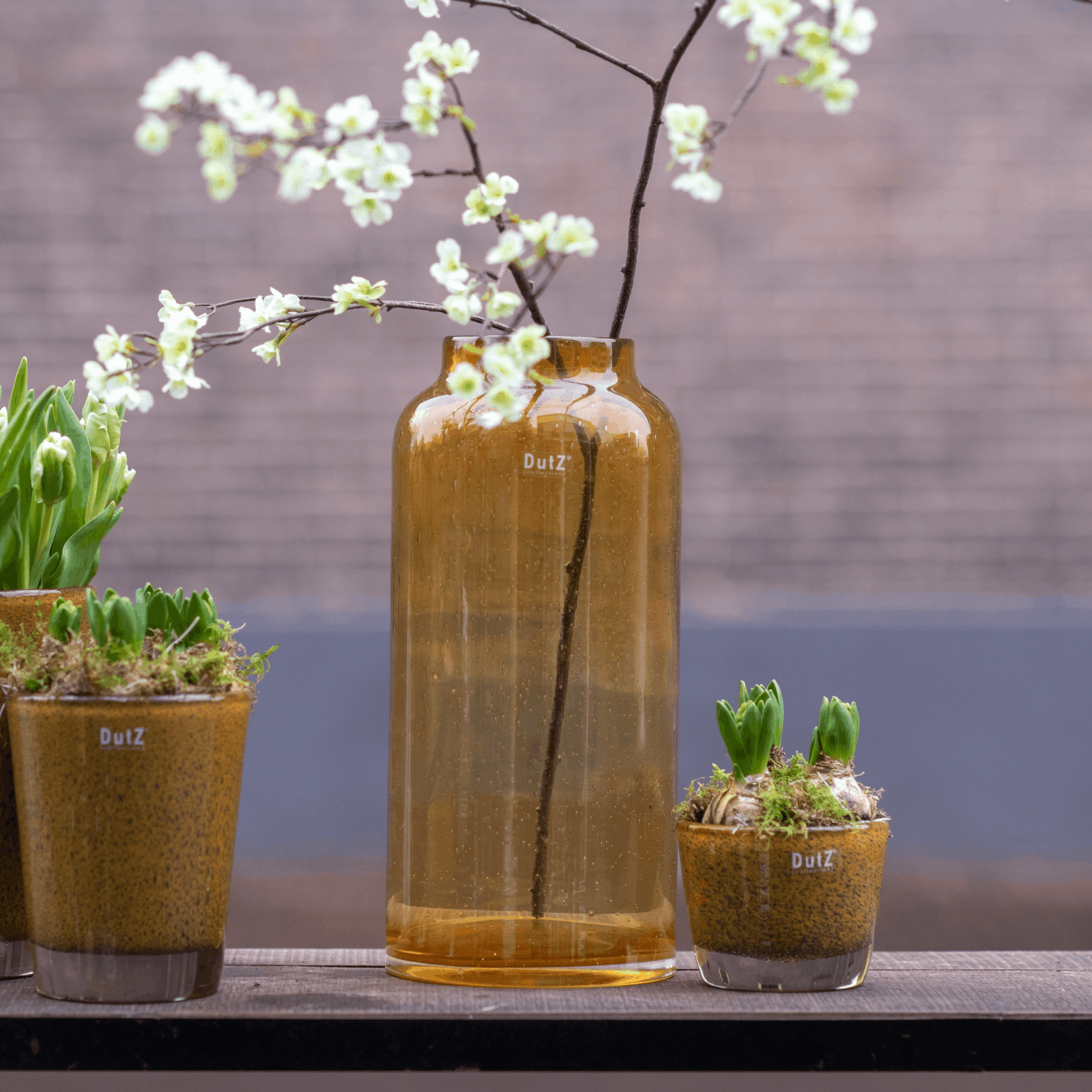 Glass Flowervase BARREL from Lowlands Design with decorative flowers and potted plants