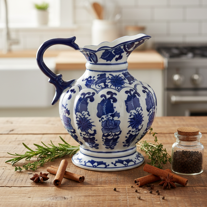 Lowlands Design jug vase blue white ceramic, 25cm, with floral patterns and elegant handle