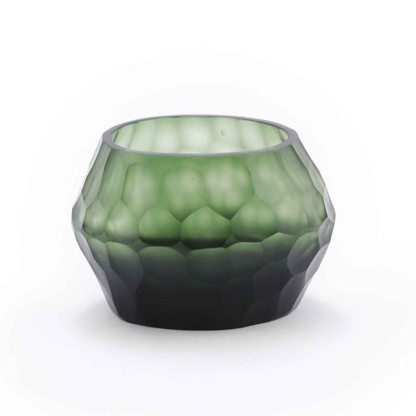 Lowlands Design green textured glass candleholder with rounded faceted shape for decorative use
