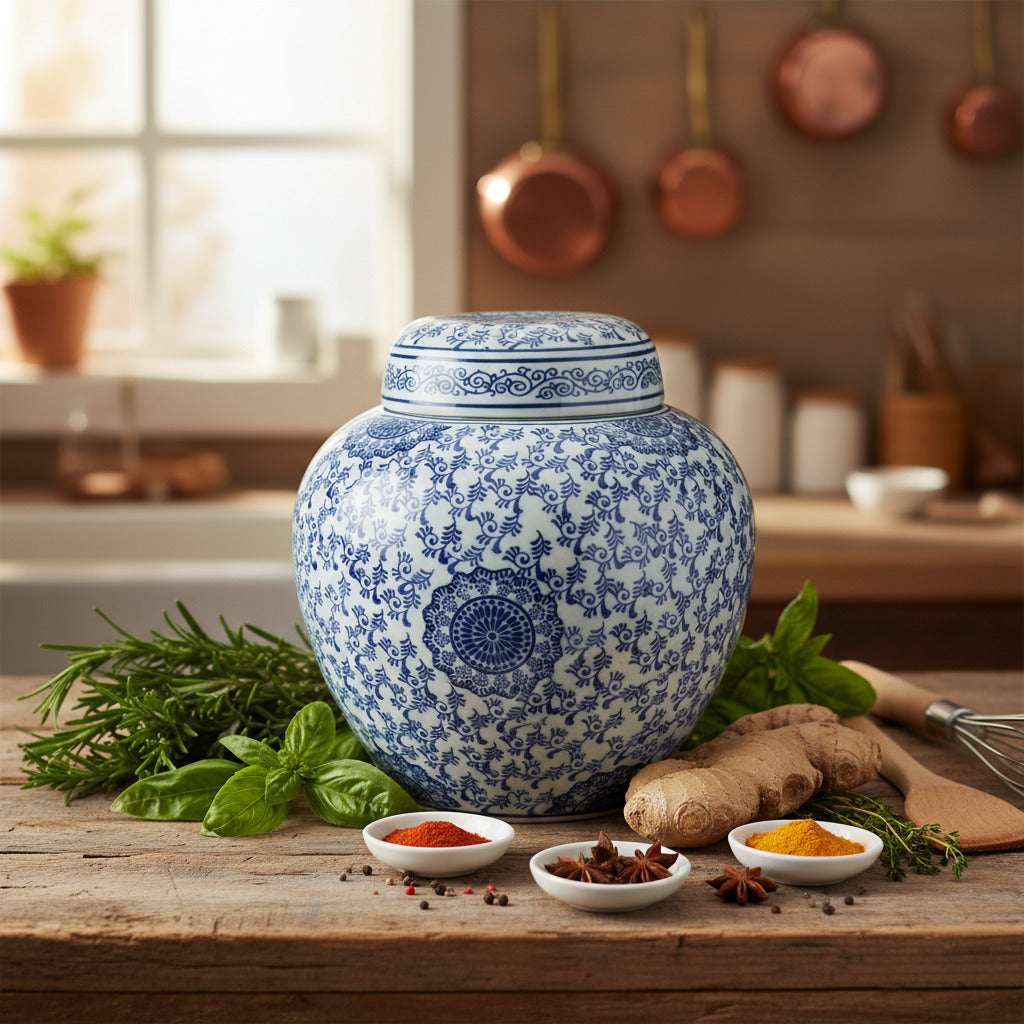 Lowlands Design porcelain ginger jar ceramic in blue floral pattern, perfect for storage and decoration