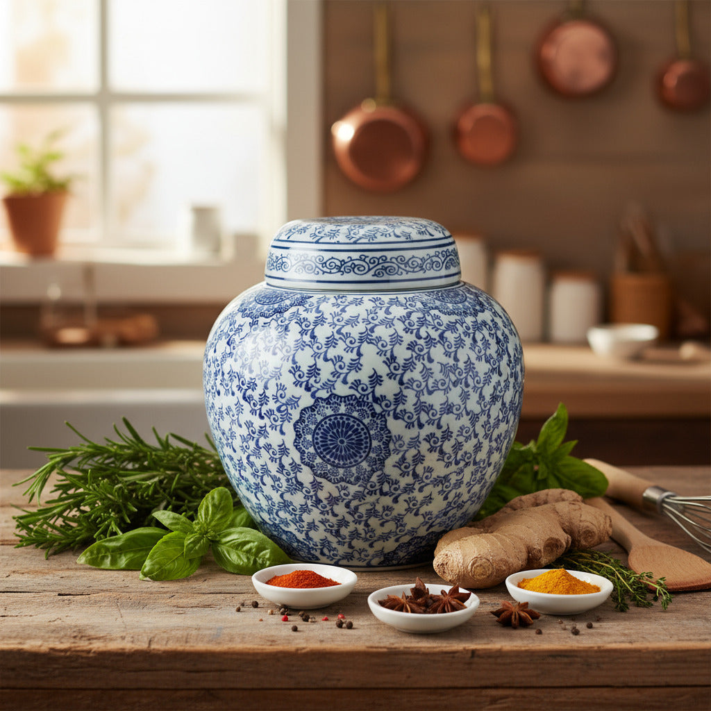 Lowlands Design porcelain ginger jar ceramic in blue floral pattern, perfect for storage and decoration