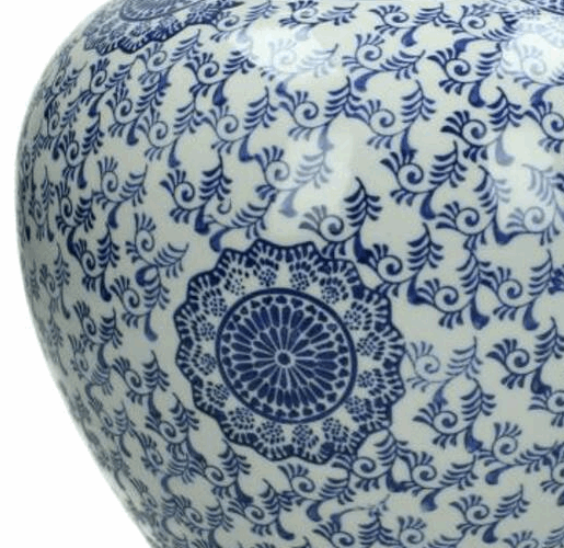 Blue and white patterned porcelain ginger jar ceramic with intricate floral design