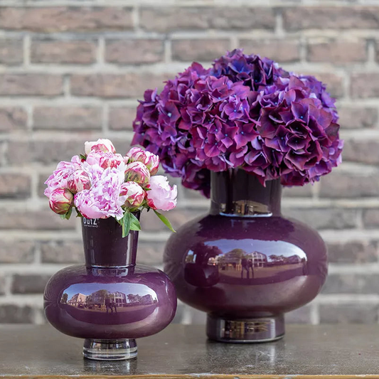 Set of two posy vase glass handcrafted in purple, perfect for displaying fresh flowers