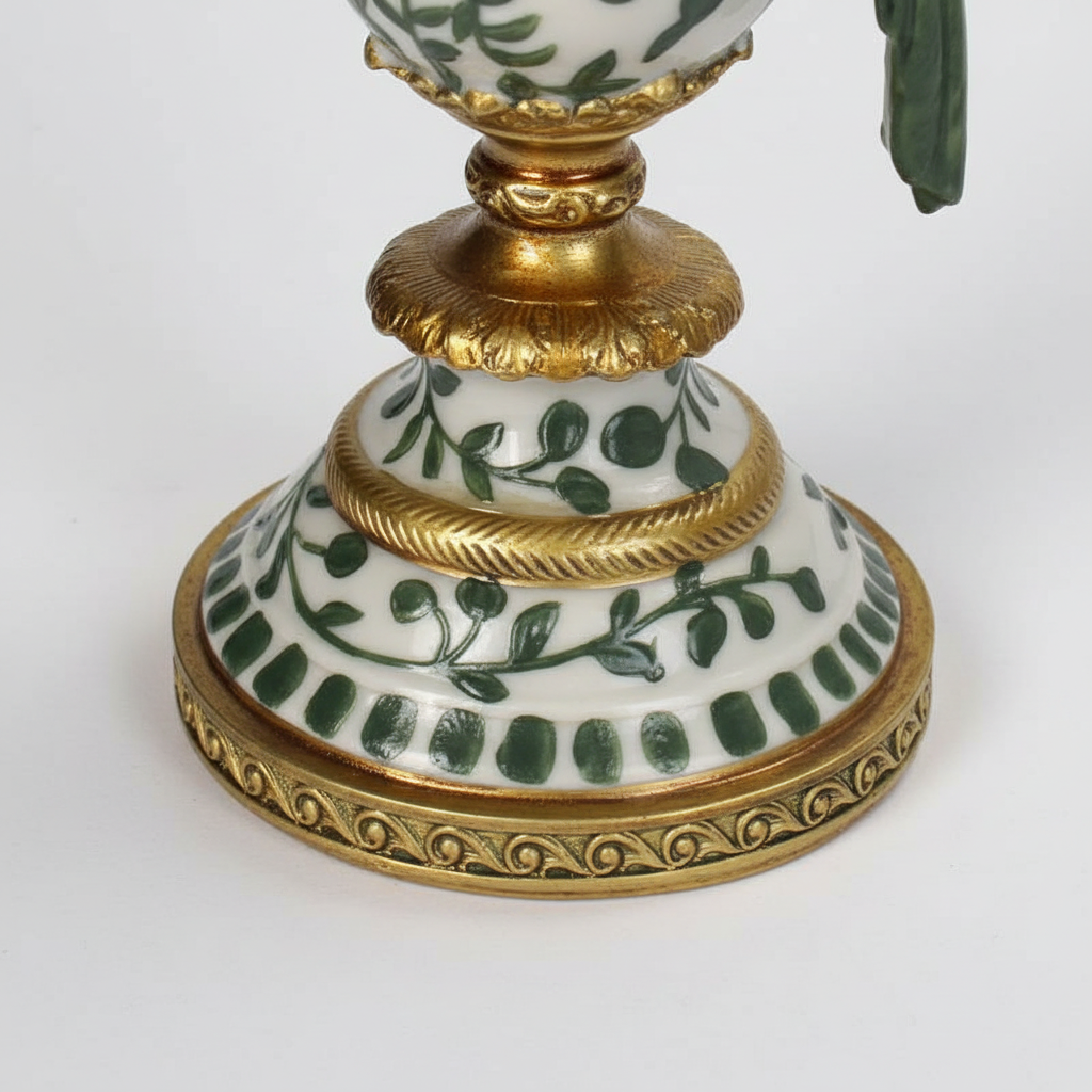 Regency Hollywood bird candleholder with green floral design and gold accent, standing 15cm tall
