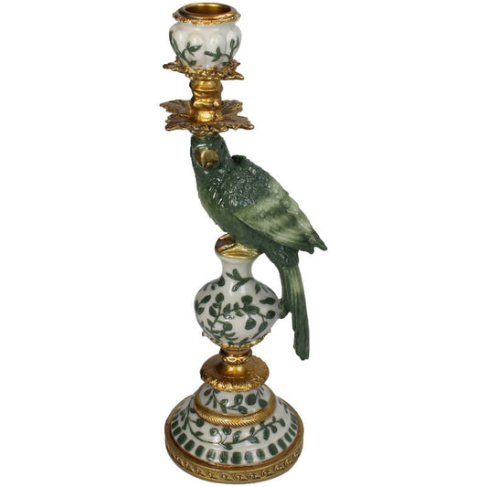 Regency Hollywood bird candleholder, green and gold, 30cm tall, made of ceramic with floral design
