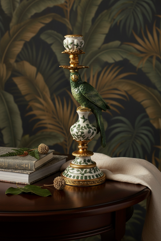 Vintage Style Parrot Candleholder - Polyresin Green