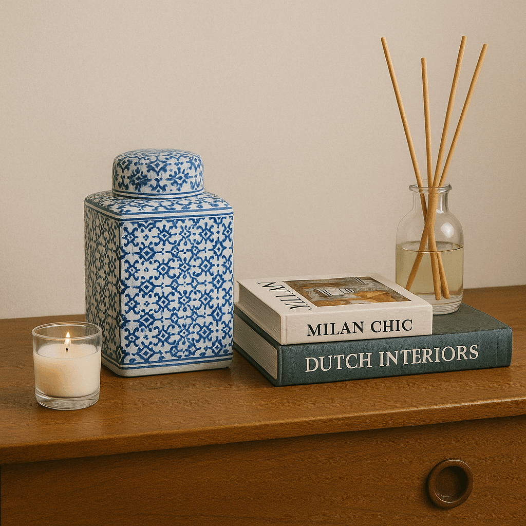 Small Ginger Jar Pot White Blue Porcelain displayed on a wooden table with books and a candle
