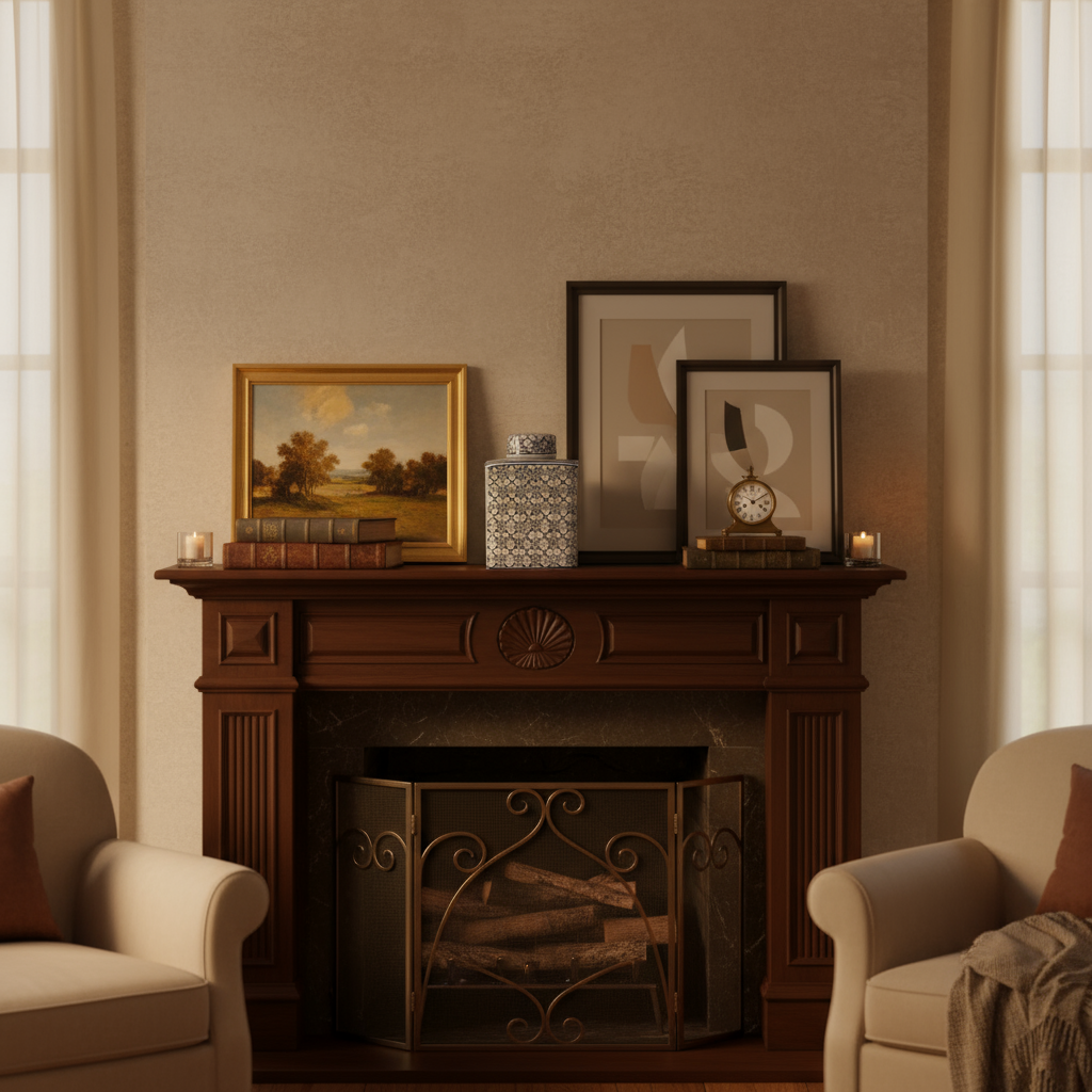 Small Ginger Jar Pot White Blue Porcelain displayed elegantly on a wooden fireplace mantel