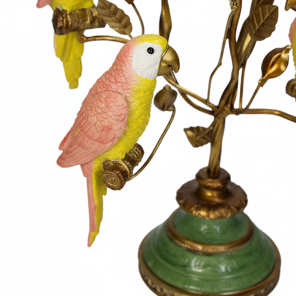 Lowlands Design tablescape candelabra bird, vibrant pink and yellow with green base for elegant decor
