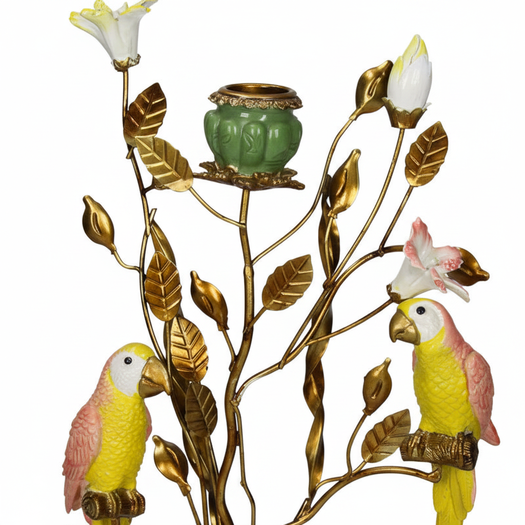 Lowlands Design tablescape candelabra bird with bright parrot details and floral accents in gold finish