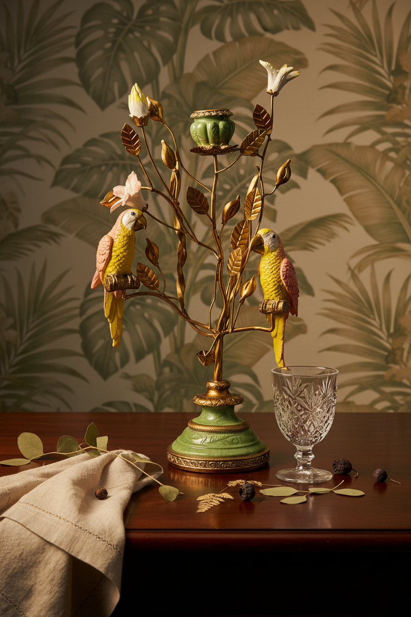 Lowlands Design tablescape candelabra bird in gold and green with two decorative parrots and floral accents