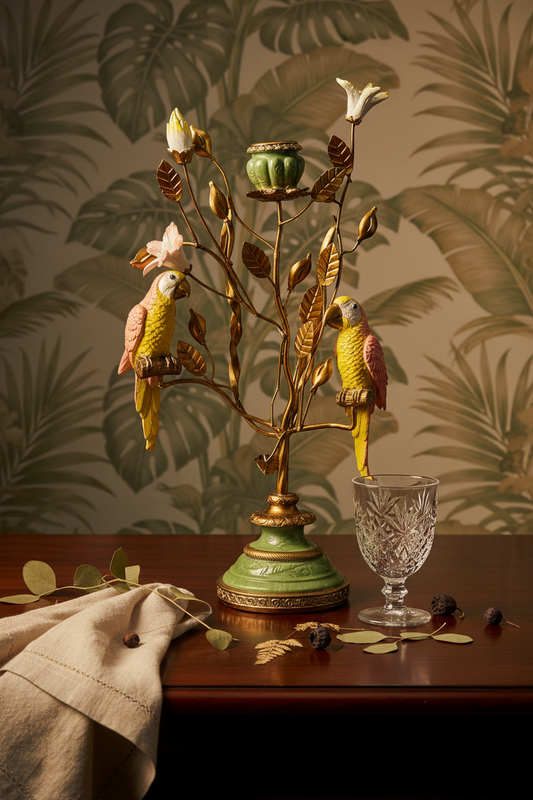 Lowlands Design tablescape candelabra bird in gold and green with two decorative parrots and floral accents