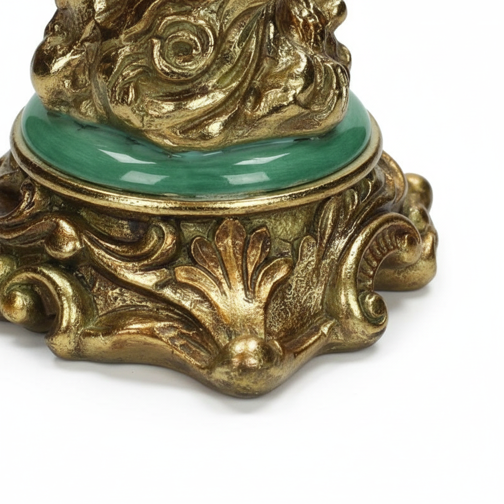 Lowlands Design vintage candlestick holder featuring a toucan bird design in baroque style with green and gold details.